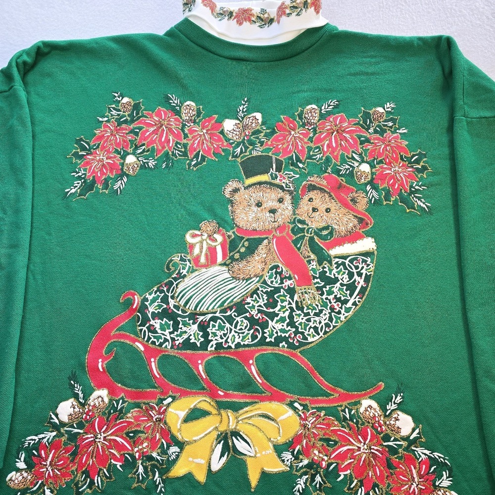 VTG Nutcracker Christmas Sweatshirt 24W Green Sleigh Teddy Bear Puff Paint 80s